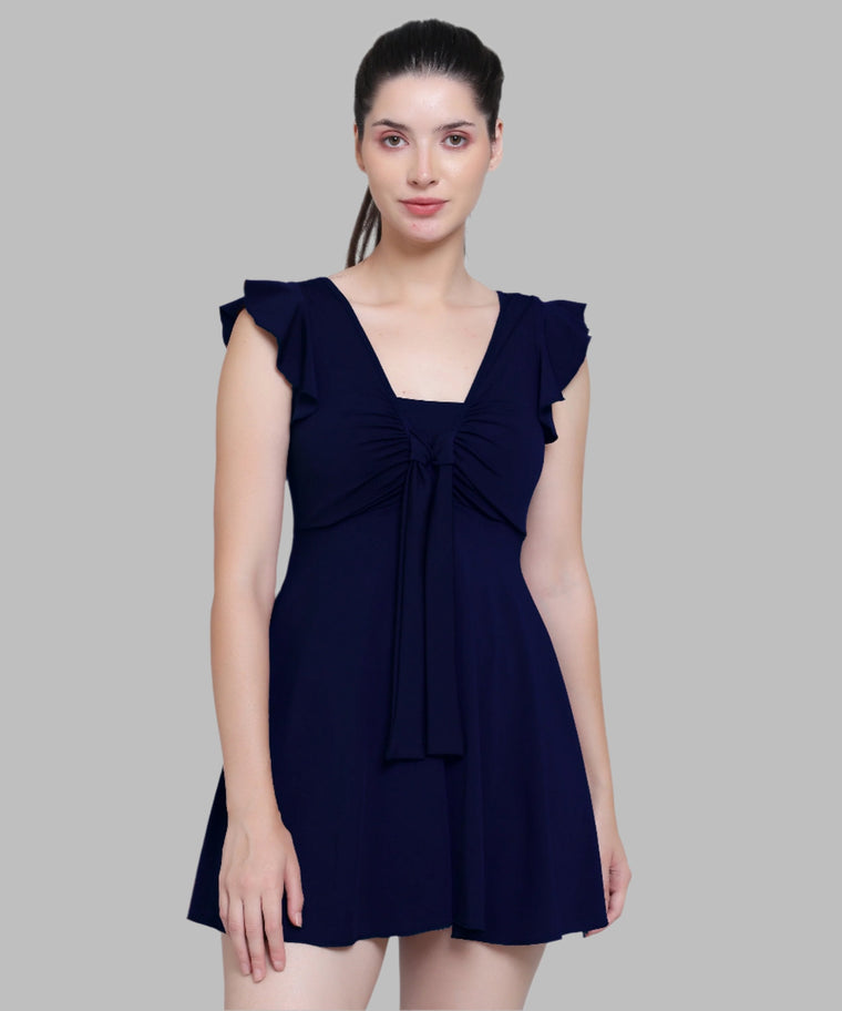 Block Color Lycra Front Tie Knot Ruched Frock Style Padded One Piece Swim Dress - Navy Blue