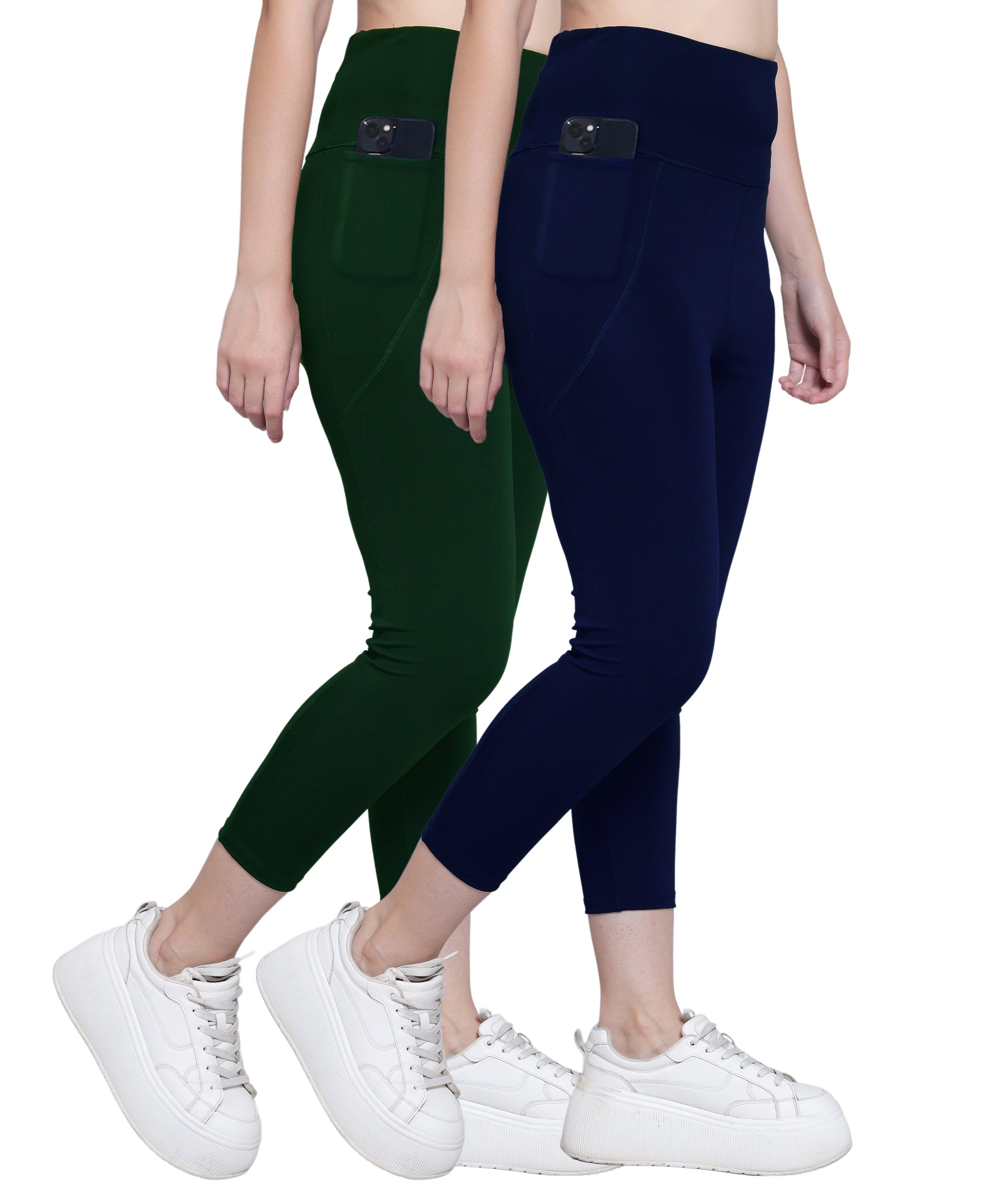 Megaska Dry Fit Active Gym Leggings with Pockets for Women, High Waisted Tummy Control Workout Yoga Track Pants (2 Pack Combo)_BottleGreen-NavyBlue