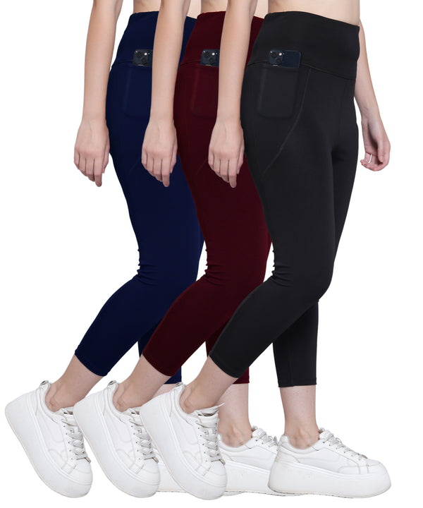 Megaska Dry Fit Active Gym Leggings with Pockets for Women, High Waisted Tummy Control Workout Yoga Track Pants (3 Pack Combo)_NavyBlue-Wine-Black