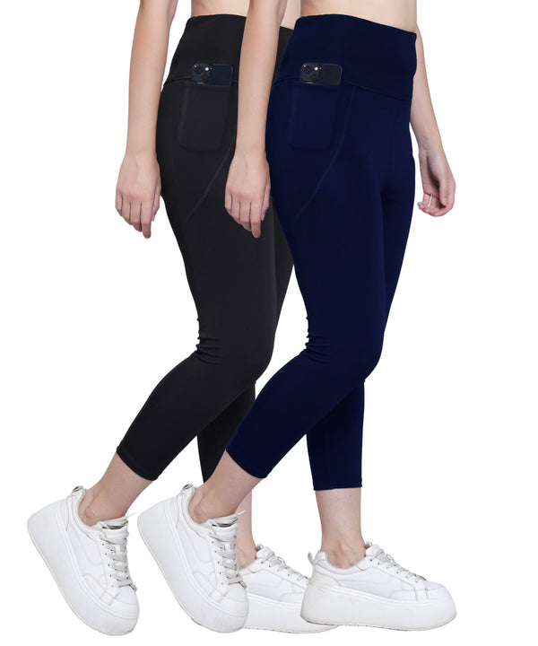 MEGASKA Megaska Dry Fit Active Gym Leggings with Pockets for Women, High Waisted Tummy Control Workout Yoga Track Pants (2 Pack Combo)_Black-NavyBlue Yoga Pants | High-Quality Activewear