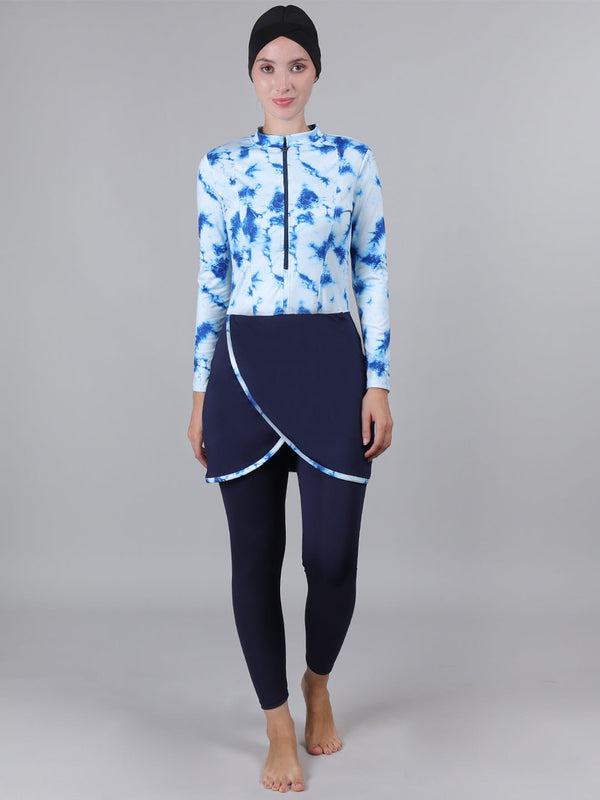 MEGASKA MEGASKA Women 3 Piece Printed Modest Muslim Swimsuit Full Coverage Removable Chest Pads Islamic Swim Hijab Cap Swimming Costume Burkini Swim Suit Swimwear_WhiteBlue Swimwears | High-Quality Activewear