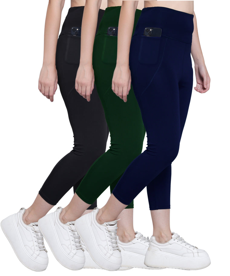 MEGASKA Megaska Dry Fit Active Gym Leggings with Pockets for Women, High Waisted Tummy Control Workout Yoga Track Pants (3 Pack Combo)_Black-BottleGreen-NavyBlue Yoga Pants | High-Quality Activewear