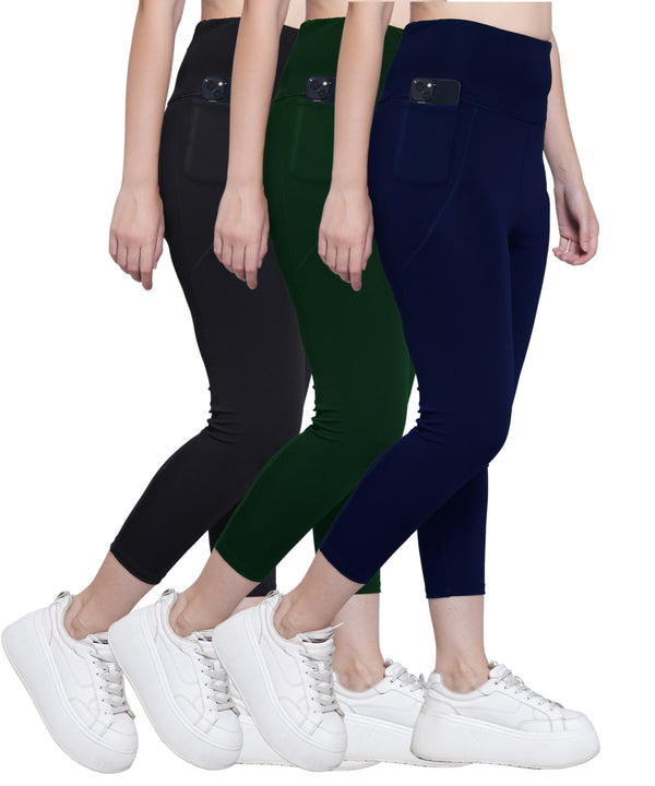 MEGASKA Megaska Dry Fit Active Gym Leggings with Pockets for Women, High Waisted Tummy Control Workout Yoga Track Pants (3 Pack Combo)_Black-BottleGreen-NavyBlue Yoga Pants | High-Quality Activewear