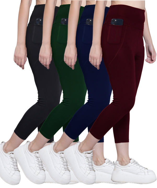 MEGASKA Megaska Dry Fit Active Gym Leggings with Pockets for Women, High Waisted Tummy Control Workout Yoga Track Pants (4 Pack Combo)_Black-BottleGreen-NavyBlue-Wine Yoga Pants | High-Quality Activewear