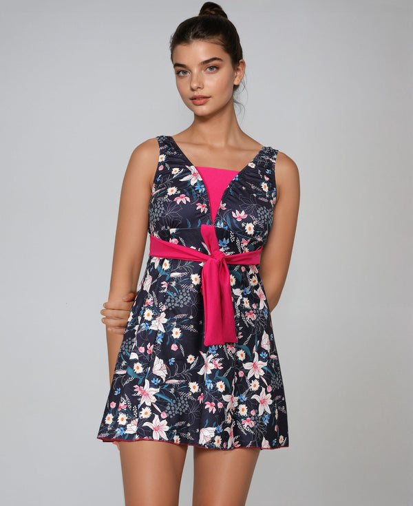 MEGASKA MEGASKA Women Printed Front Knot Adjustable belt Frock Style Padded One Piece Swimming Costume_NavyFloralPink Swimwears | High-Quality Activewear