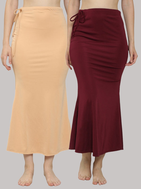 MEGASKA MEGASKA Women Lycra Seamless Fishcut Petticoat Skirt Saree Shapwear Combo (Pack of 2)_Beige_Wine Saree Shapewears | High-Quality Activewear