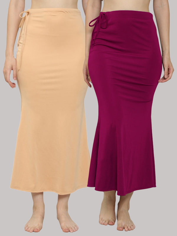 MEGASKA MEGASKA Women Lycra Seamless Fishcut Petticoat Skirt Saree Shapwear Combo (Pack of 2)_Beige_Magenta Saree Shapewears | High-Quality Activewear