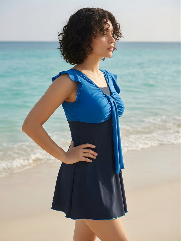 MEGASKA Women's One Piece Swimdress with Attached Shorts - NavyRoyalBlue (MBKS11)