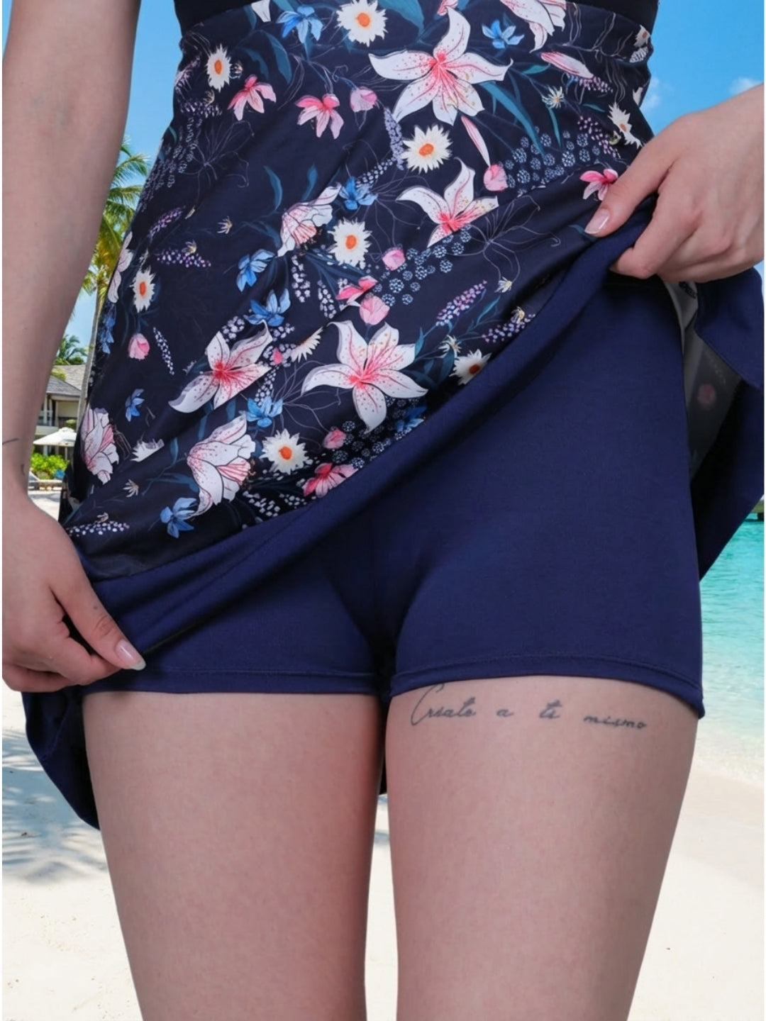MEGASKA Women's One Piece Swimdress with Attached Shorts - Navy Floral (MGSW05)