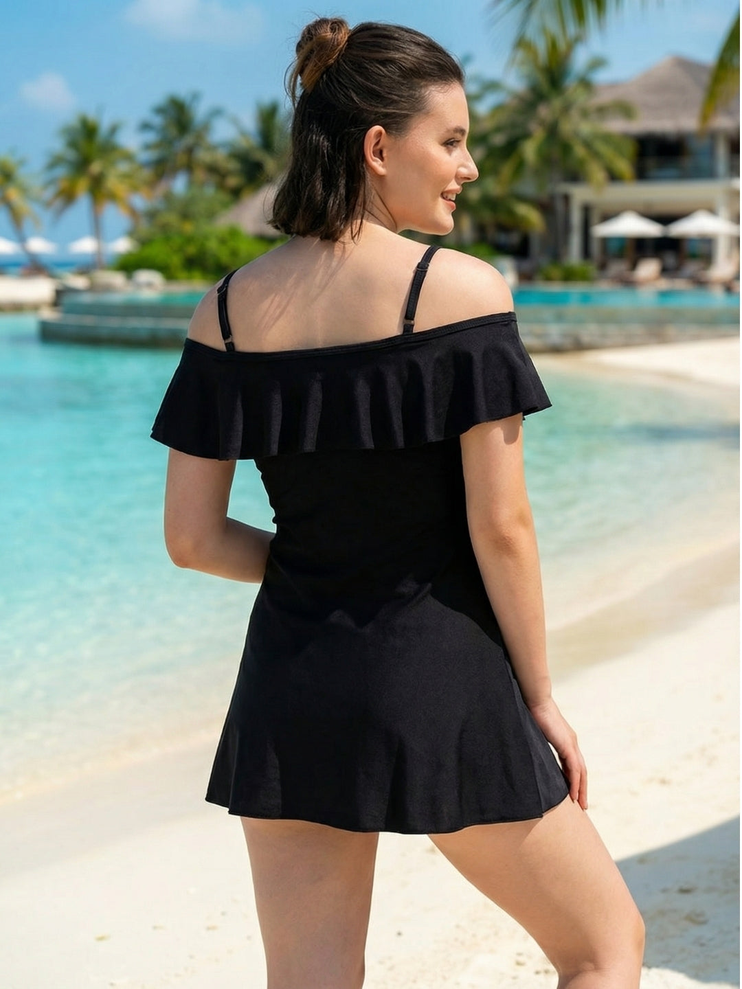 2 Piece Retro Padded ruffled off shoulder adjustable straps Swimdress  with Swim Shorts(MGSW06)