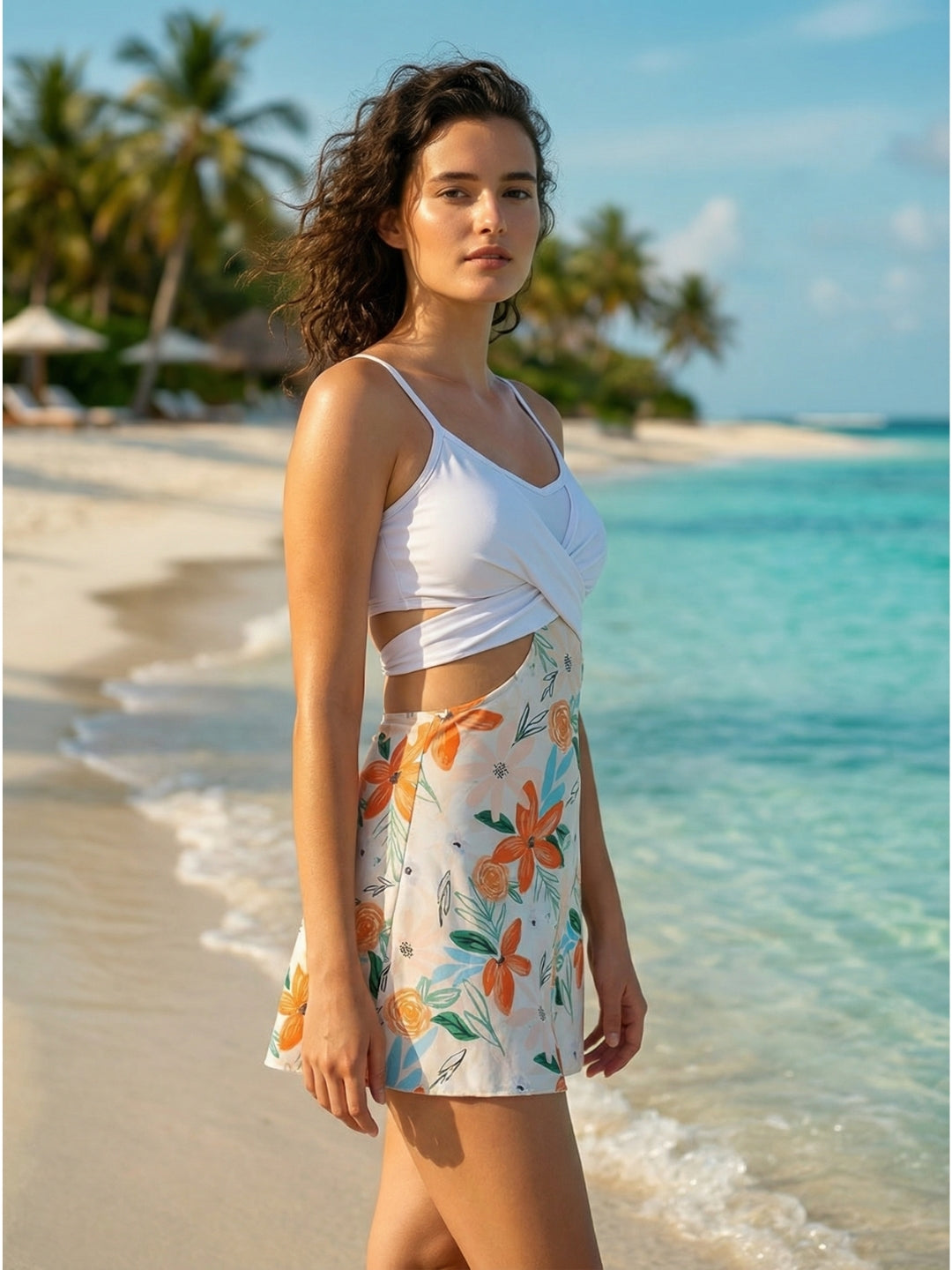 MEGASKA Women's Two Piece Swimdress Set with Wrap Top & Boyleg Shorts - White Orange Floral (MGSW10)