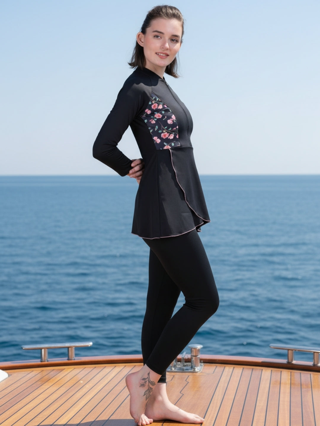 MEGASKA Women's Two Piece Front Zip Modest Swimsuit with Leggings - Black (MGSW14)