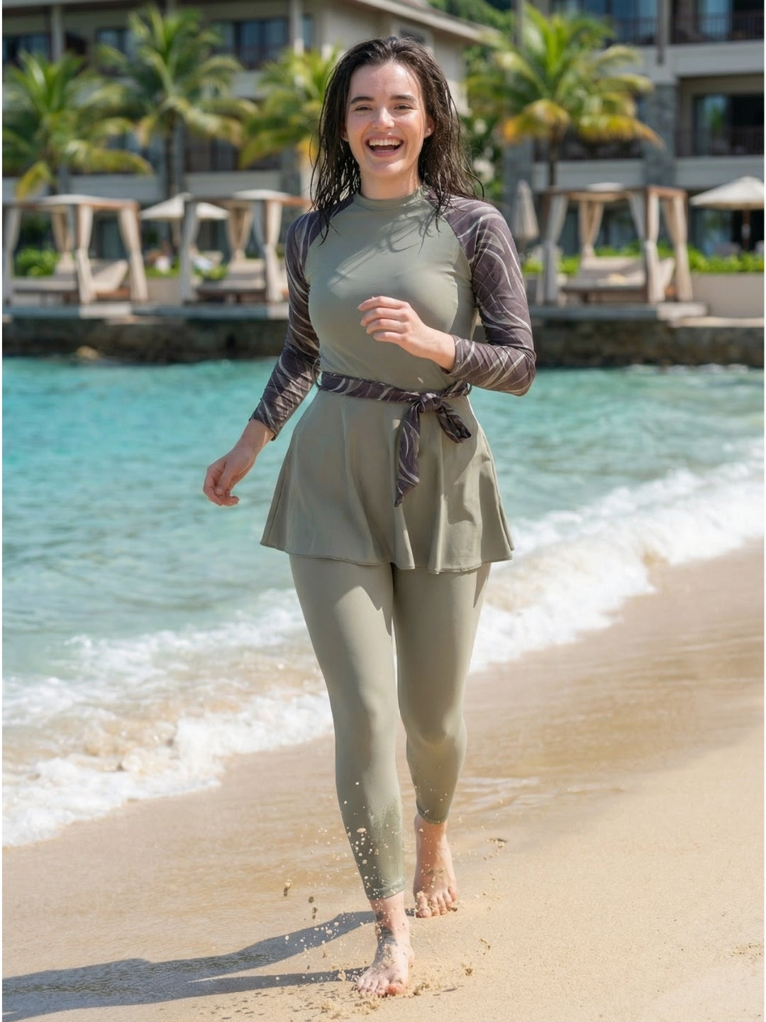 MEGASKA Women's Three Piece Modest Swim Set with Shrug - Cement (MGSW15)