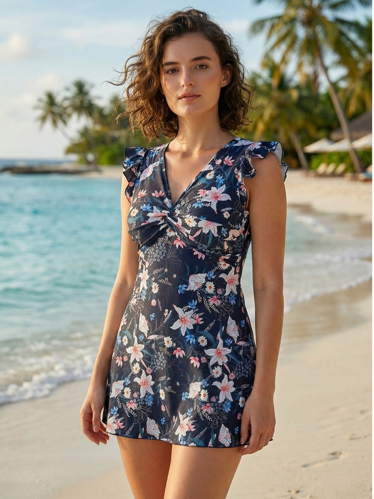 MEGASKA 1 Piece Swimdress with Chest Pads Attached Short Front Twist Knot Design Ruffle Shoulder Flared Skirted Swimming Costume -Navy (MGSW29)