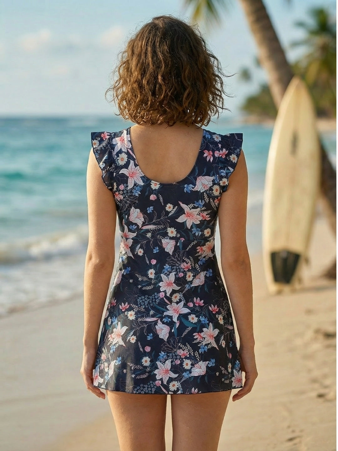 MEGASKA 1 Piece Swimdress with Chest Pads Attached Short Front Twist Knot Design Ruffle Shoulder Flared Skirted Swimming Costume -Navy (MGSW29)