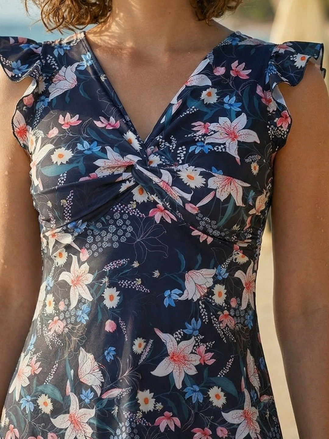 MEGASKA 1 Piece Swimdress with Chest Pads Attached Short Front Twist Knot Design Ruffle Shoulder Flared Skirted Swimming Costume -Navy (MGSW29)