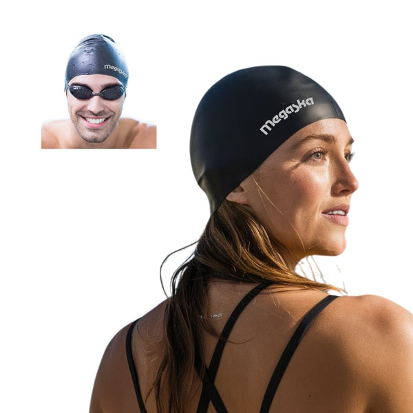 MEGASKA MEGASKA Classic Unisex Soft Silicone Swim Cap for Women, Men & Kids, Intensive Training Comfortable Non-Slip Long Hair Swimming Cap_Black | High-Quality Activewear