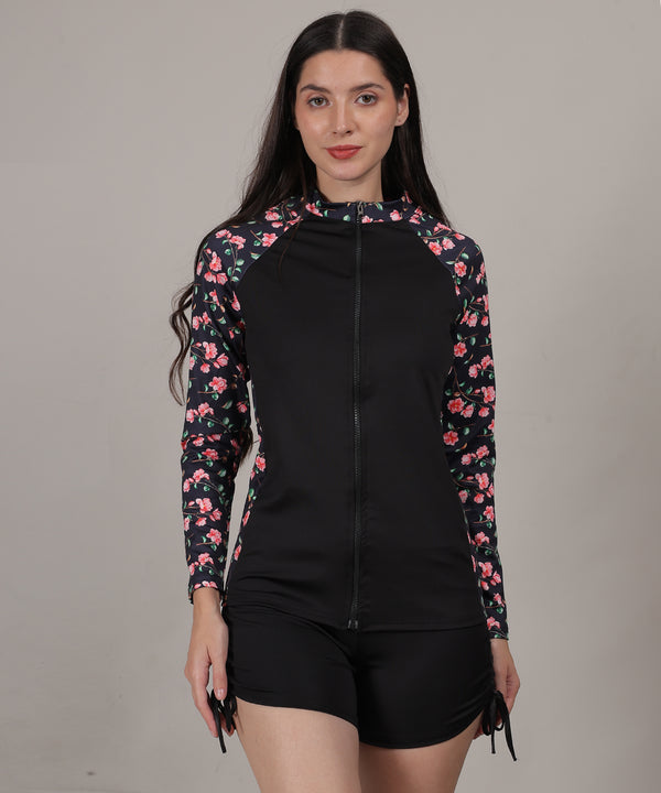 MEGASKA Women Long Sleeve Rash Guard front Zipper Sun Protection Swim Shirt for Women_BlackFloralBlack