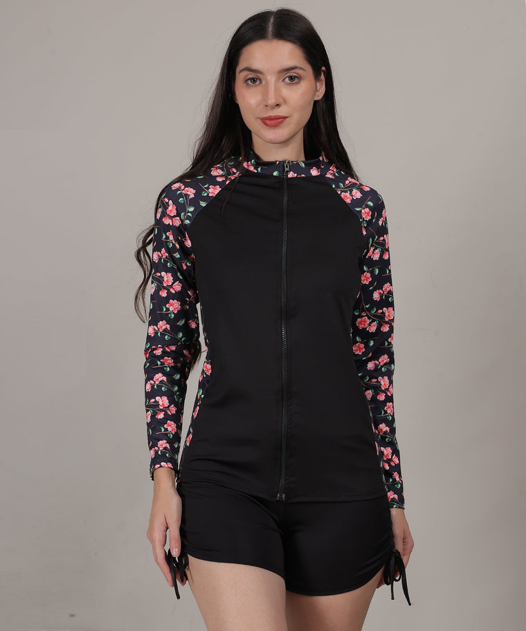 MEGASKA MEGASKA Women Long Sleeve Rash Guard front Zipper Sun Protection Swim Shirt for Women_BlackFloralBlack Swimwears | High-Quality Activewear