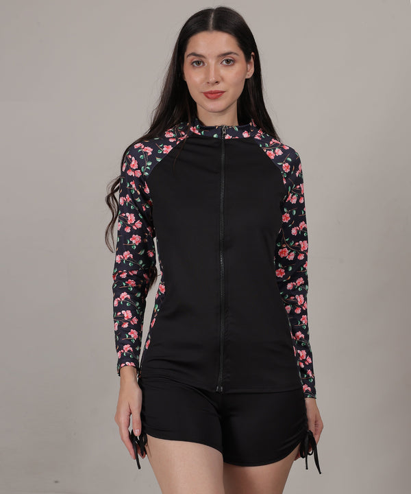 MEGASKA MEGASKA Women Long Sleeve Rash Guard front Zipper Sun Protection Swim Shirt for Women_BlackFloralBlack Swimwears | High-Quality Activewear