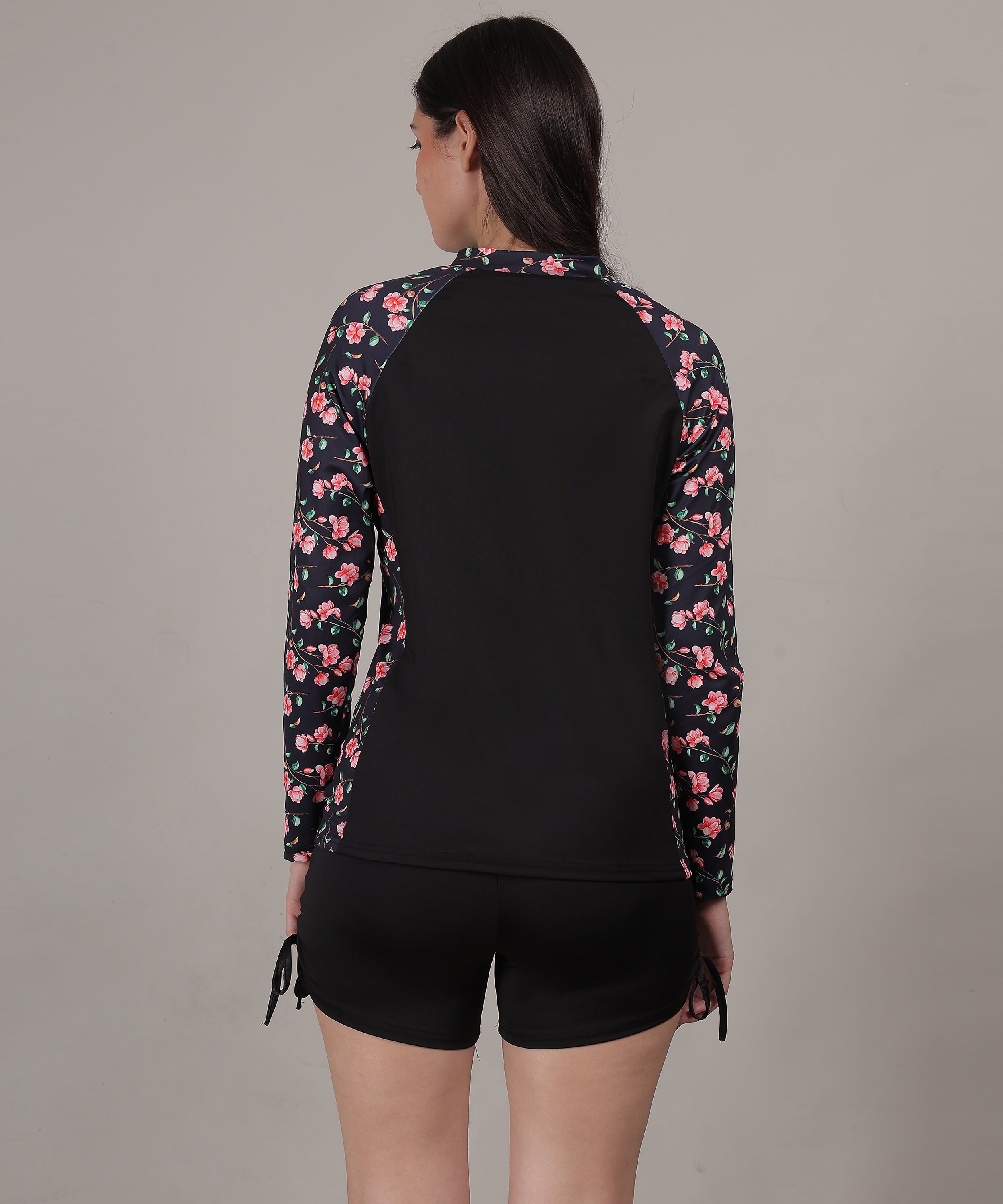 MEGASKA Women Long Sleeve Rash Guard front Zipper Sun Protection Swim Shirt for Women_BlackFloralBlack
