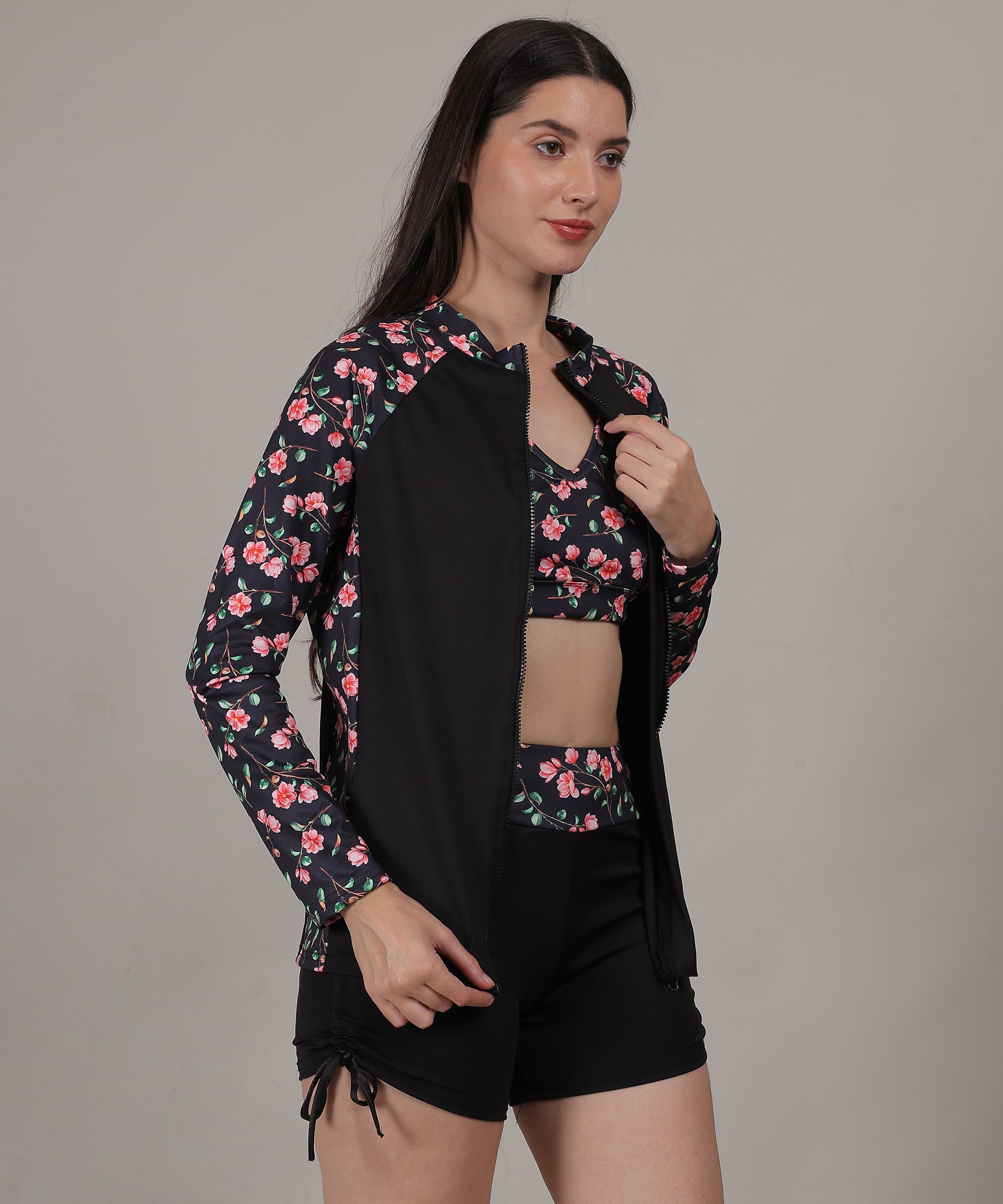 MEGASKA Women Long Sleeve Rash Guard front Zipper Sun Protection Swim Shirt for Women_BlackFloralBlack