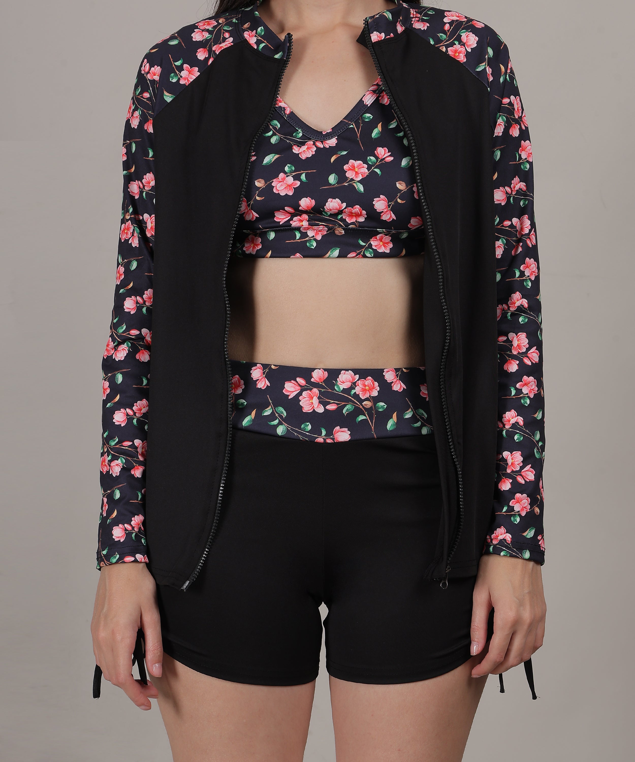 MEGASKA Women Long Sleeve Rash Guard front Zipper Sun Protection Swim Shirt for Women_BlackFloralBlack