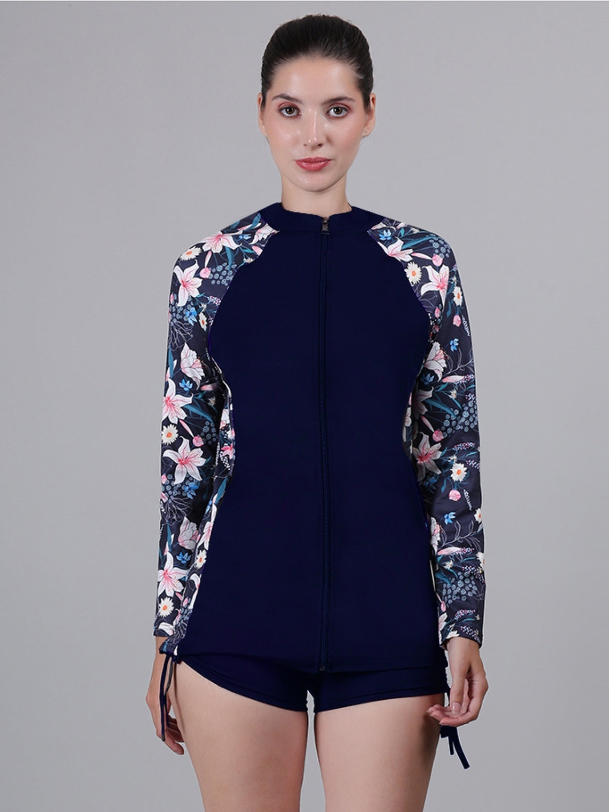 MEGASKA Women Long Sleeve Rash Guard front Zipper Sun Protection Swim Shirt for Women_NavyFloralNavy