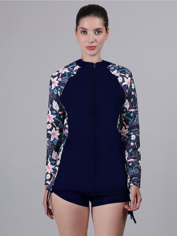 MEGASKA Women Long Sleeve Rash Guard front Zipper Sun Protection Swim Shirt for Women_NavyFloralNavy