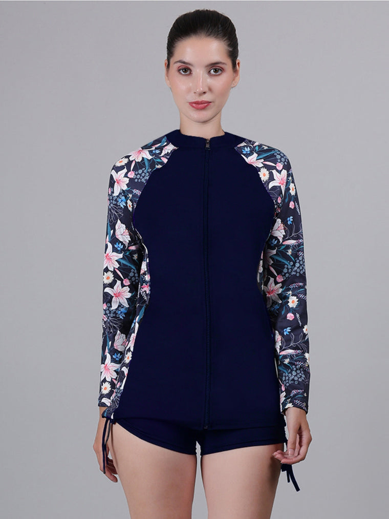 MEGASKA MEGASKA Women Long Sleeve Rash Guard front Zipper Sun Protection Swim Shirt for Women_NavyFloralNavy Swimwears | High-Quality Activewear