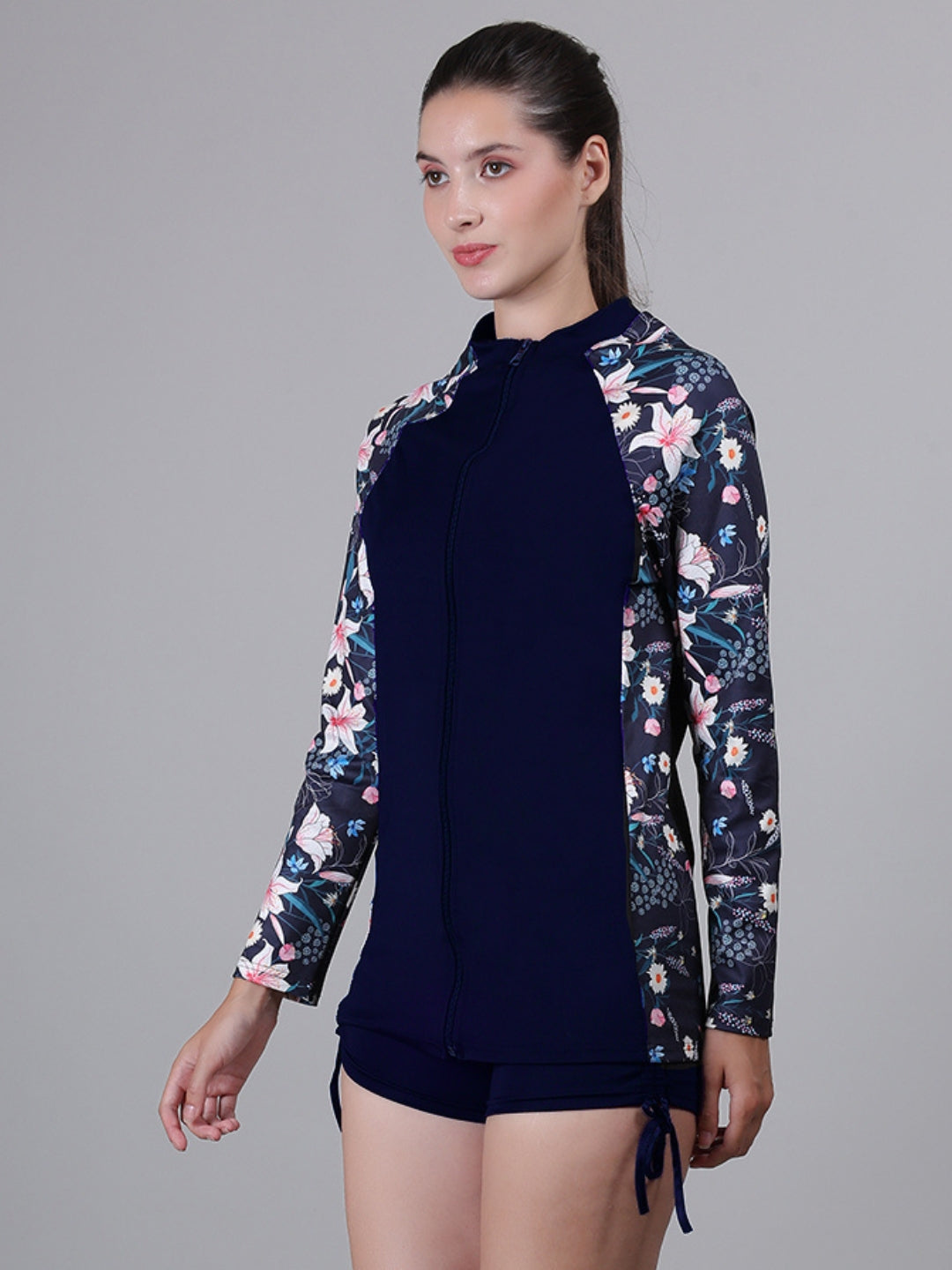MEGASKA Women Long Sleeve Rash Guard front Zipper Sun Protection Swim Shirt for Women_NavyFloralNavy