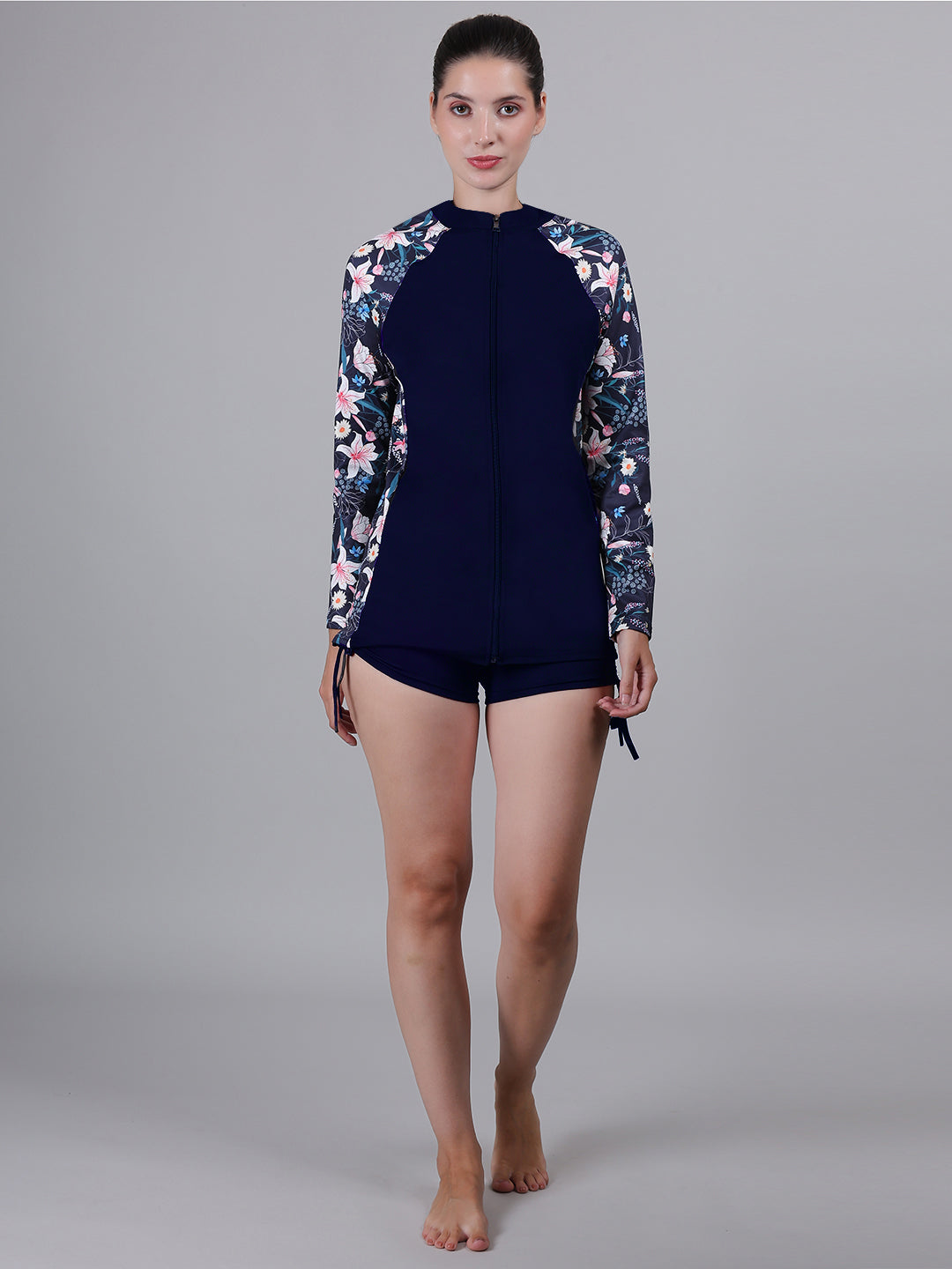 MEGASKA Women Long Sleeve Rash Guard front Zipper Sun Protection Swim Shirt for Women_NavyFloralNavy
