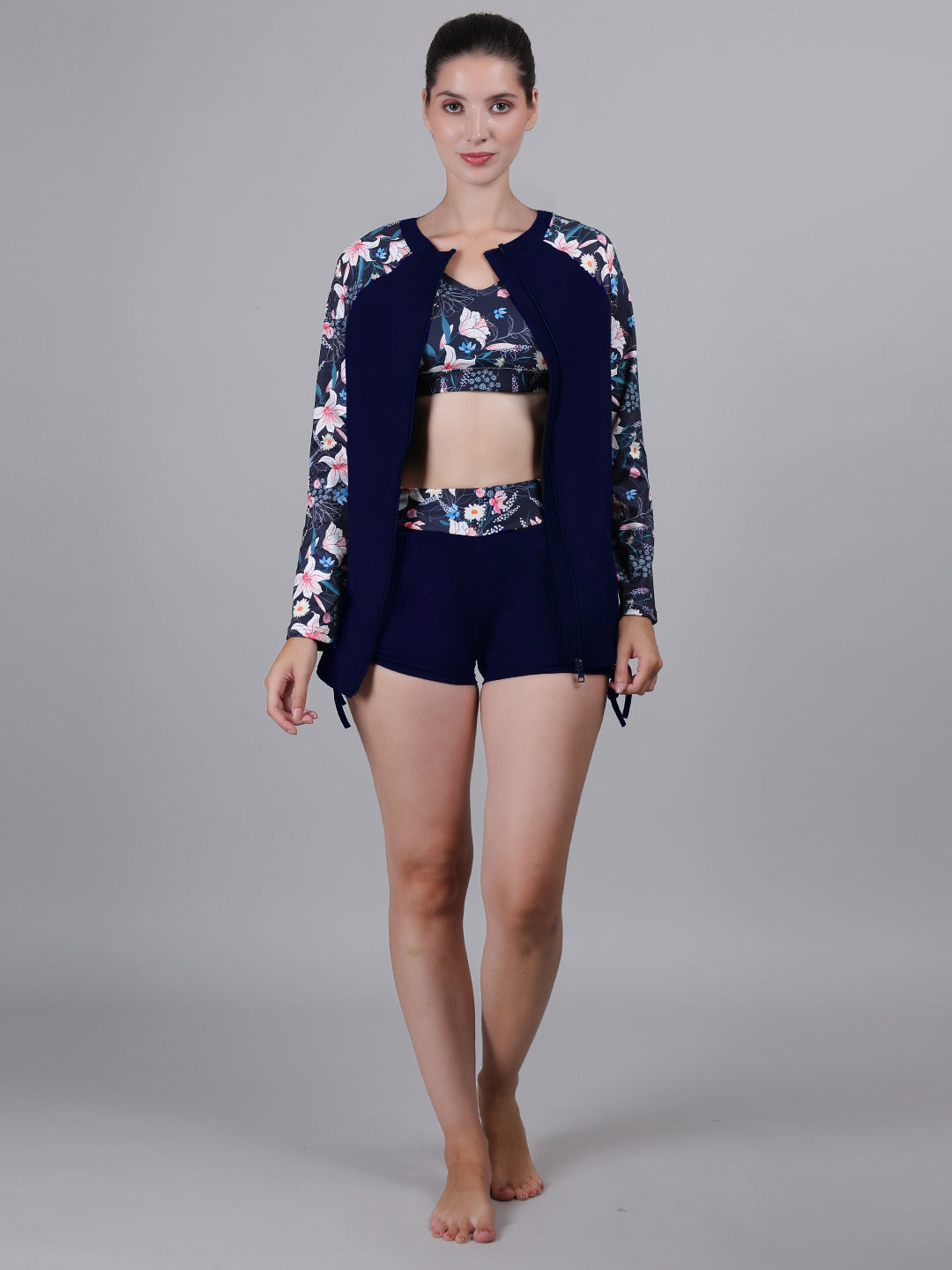 MEGASKA Women Long Sleeve Rash Guard front Zipper Sun Protection Swim Shirt for Women_NavyFloralNavy