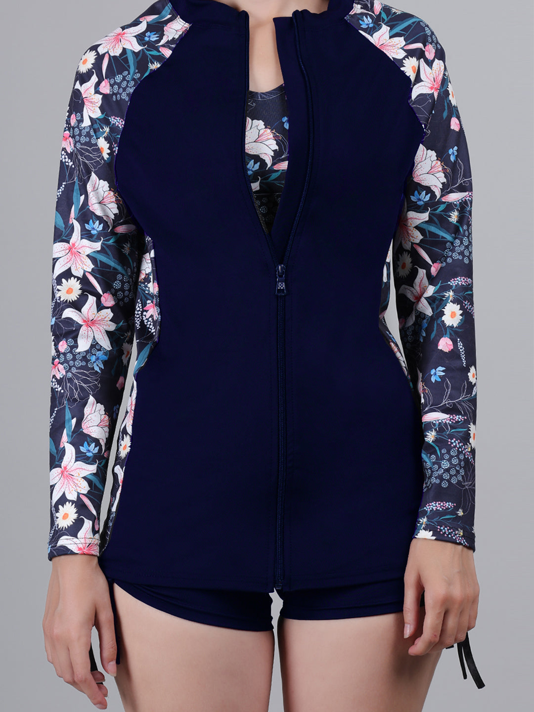 MEGASKA Women Long Sleeve Rash Guard front Zipper Sun Protection Swim Shirt for Women_NavyFloralNavy