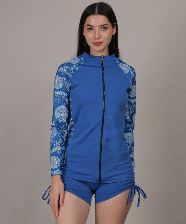 MEGASKA Women Long Sleeve Rash Guard front Zipper Sun Protection Swim Shirt for Women_RoyalPrint Royal