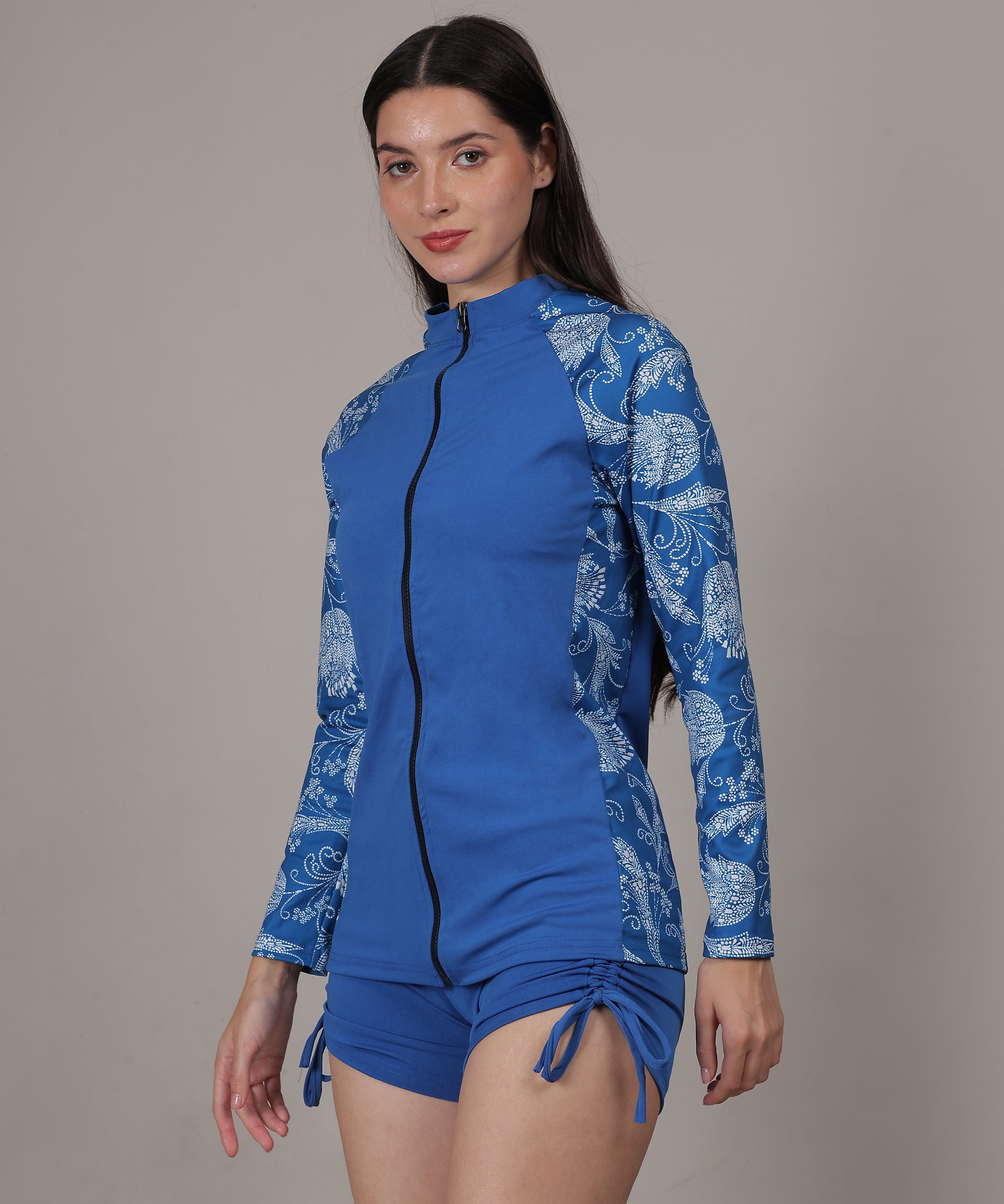 MEGASKA Women Long Sleeve Rash Guard front Zipper Sun Protection Swim Shirt for Women_RoyalPrint Royal