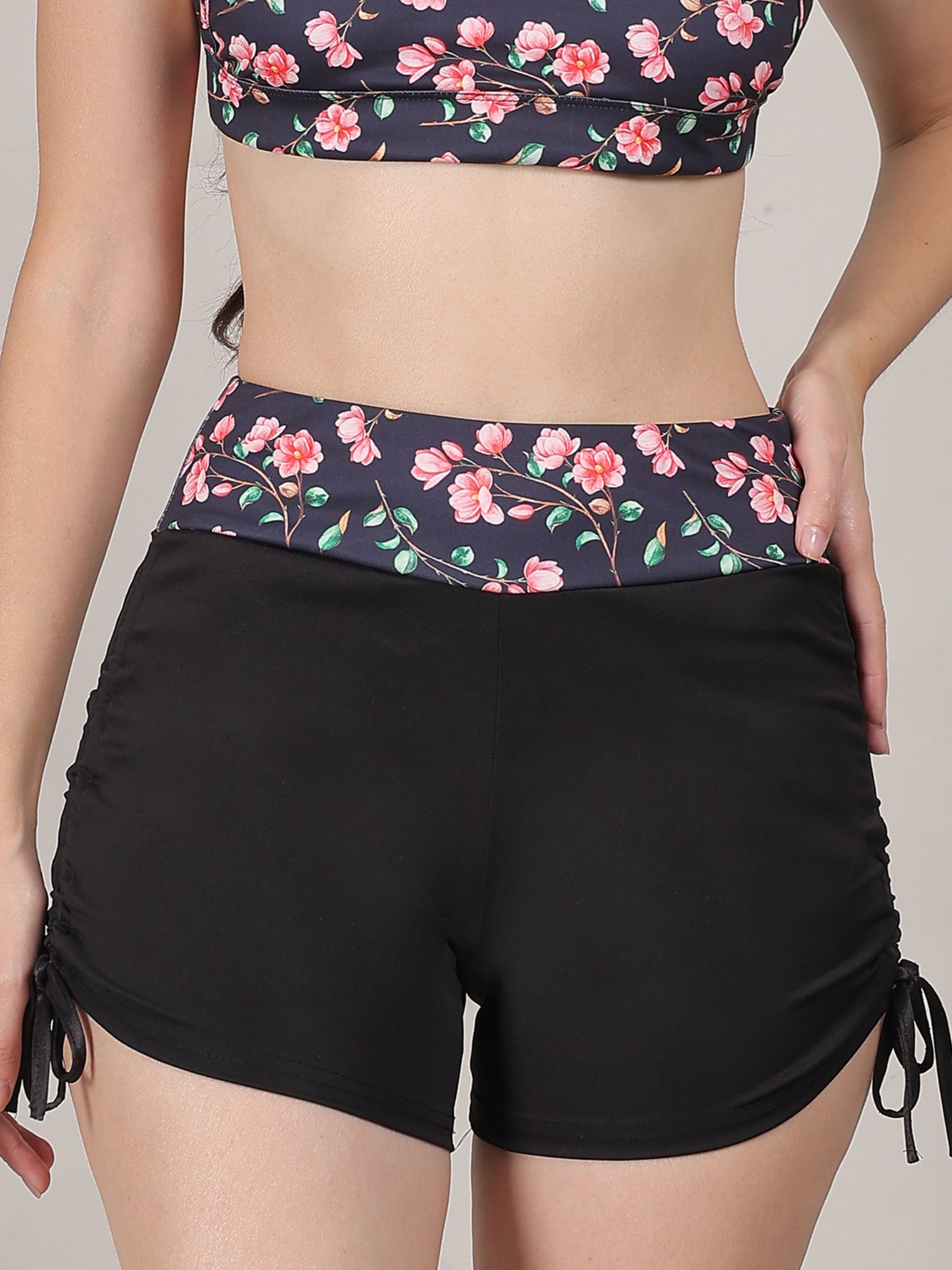 MEGASKA High Waisted Adjustable Side Ties Swimsuit Bottom Tummy Control Bathing Swim Shorts for Women_BlackFloralBlack