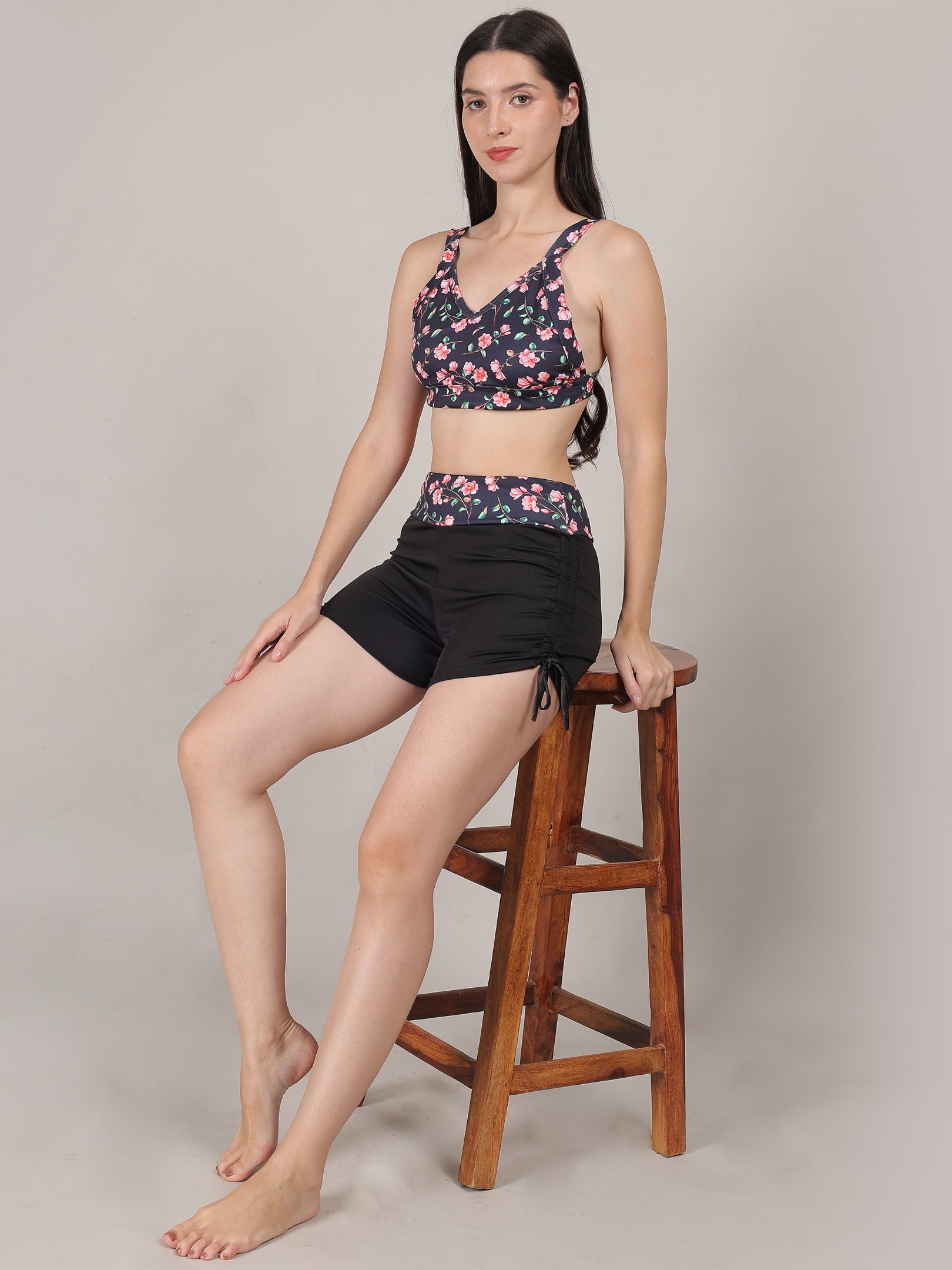 MEGASKA High Waisted Adjustable Side Ties Swimsuit Bottom Tummy Control Bathing Swim Shorts for Women_BlackFloralBlack