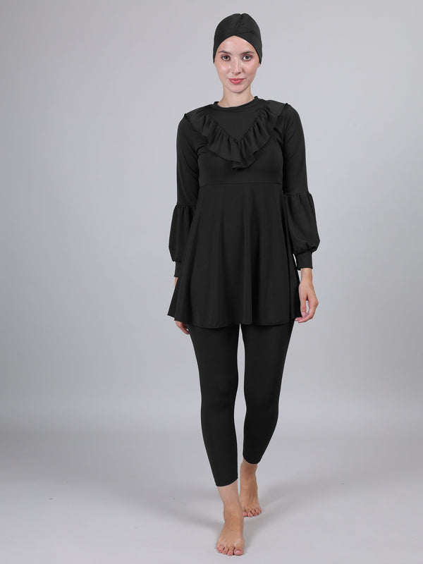 MEGASKA MEGASKA Women 3 Piece Modest Muslim Swimwear Islamic Ruffle Full Coverage Long Sleeve Removable Chest Pads Swim Hijab Cap Swimming Costume Burkini Swimsuit_Black Swimwears | High-Quality Activewear