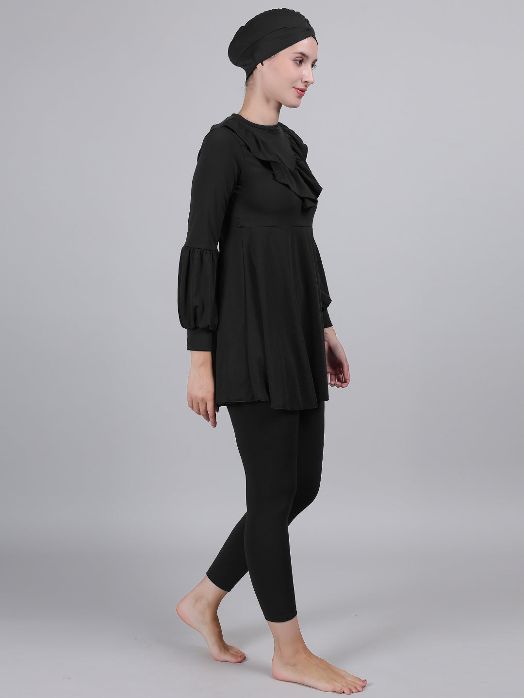 MEGASKA MEGASKA Women 3 Piece Modest Muslim Swimwear Islamic Ruffle Full Coverage Long Sleeve Removable Chest Pads Swim Hijab Cap Swimming Costume Burkini Swimsuit_Black Swimwears | High-Quality Activewear