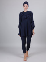3 Piece Modest Muslim Burkini Ruffle Full Coverage Long Sleeve Removable Chest Pads Swim Hijab Swimsuit