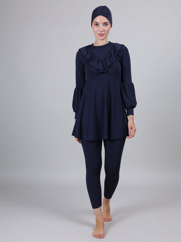 MEGASKA MEGASKA Women 3 Piece Modest Muslim Swimwear Islamic Ruffle Full Coverage Long Sleeve Removable Chest Pads Swim Hijab Cap Swimming Costume Burkini Swimsuit_Navy Swimwears | High-Quality Activewear