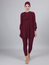 3 Piece Modest Muslim Burkini Ruffle Full Coverage Long Sleeve Removable Chest Pads Swim Hijab Swimsuit