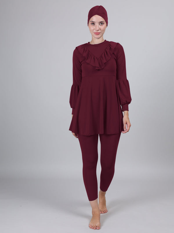 MEGASKA MEGASKA Women 3 Piece Modest Muslim Swimwear Islamic Ruffle Full Coverage Long Sleeve Removable Chest Pads Swim Hijab Cap Swimming Costume Burkini Swimsuit_Wine Swimwears | High-Quality Activewear