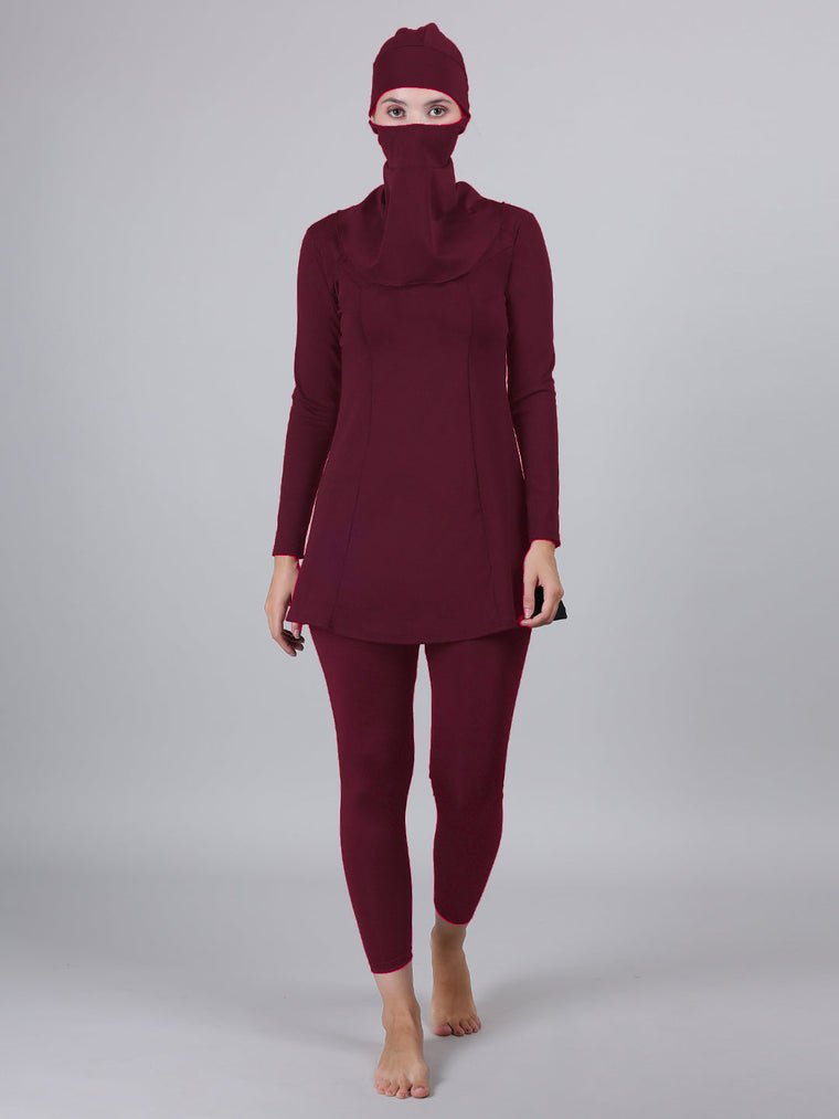 MEGASKA MEGASKA Women 3 Piece Modest Muslim Swimwear Islamic Full Coverage Long Sleeve Removable Chest Pads Swim Hijab Cap Swimming Costume Burkini Swimsuit_Wine Swimwears | High-Quality Activewear