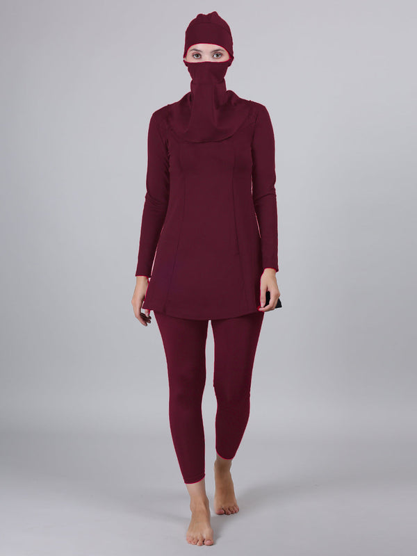 MEGASKA MEGASKA Women 3 Piece Modest Muslim Swimwear Islamic Full Coverage Long Sleeve Removable Chest Pads Swim Hijab Cap Swimming Costume Burkini Swimsuit_Wine Swimwears | High-Quality Activewear