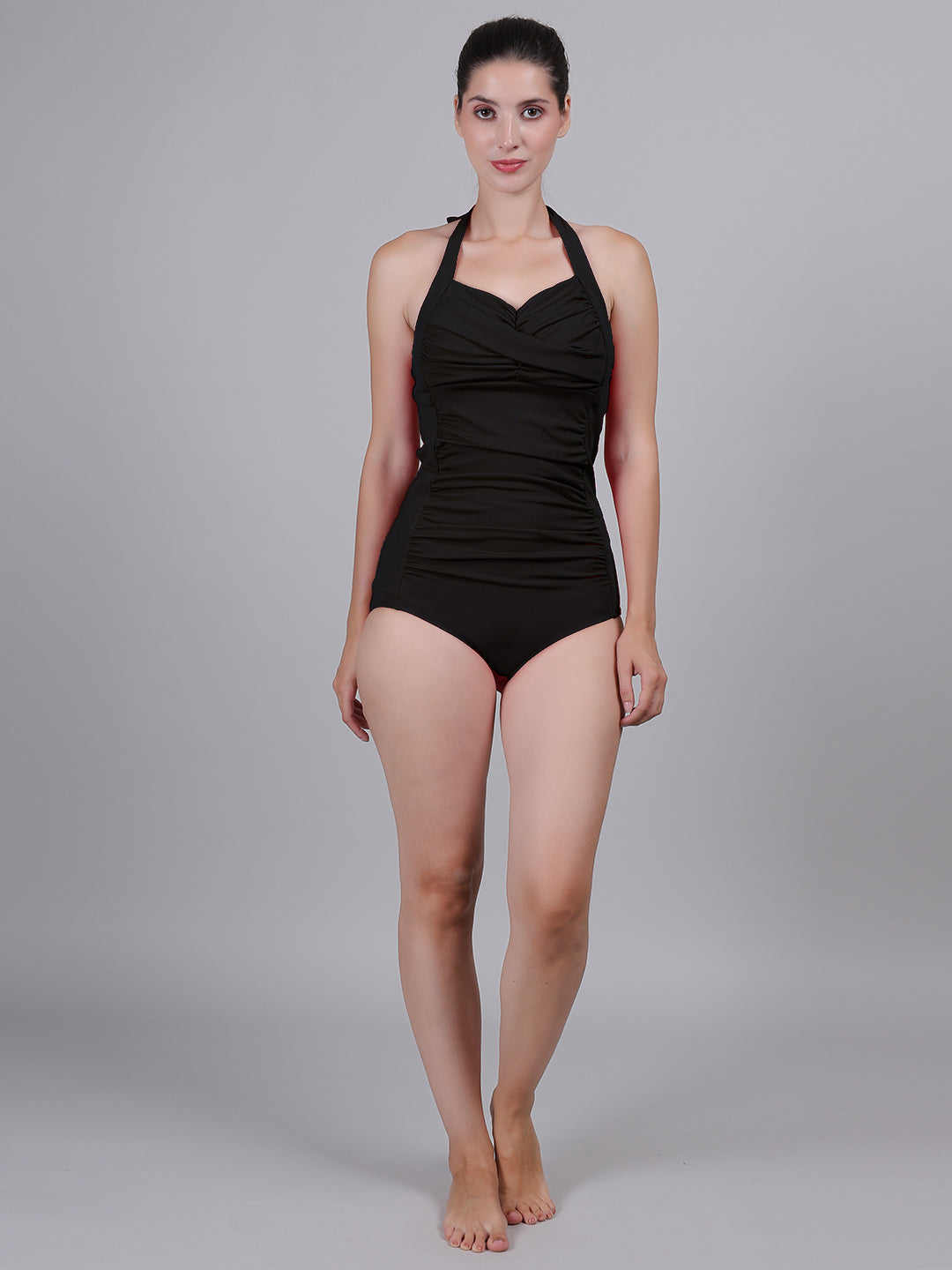 MEGASKA Tummy Control Ruched Halter Neck One Piece Slimming Vintage Retro Monokini Swimsuit Swimming Costume Swimwear_Black