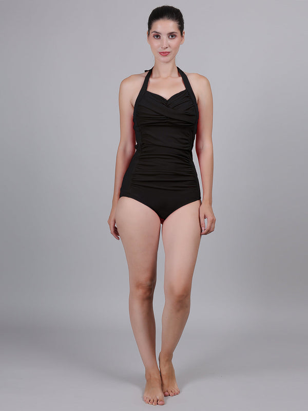 MEGASKA MEGASKA Tummy Control Ruched Halter Neck One Piece Slimming Vintage Retro Monokini Swimsuit Swimming Costume Swimwear_Black Swimwears | High-Quality Activewear