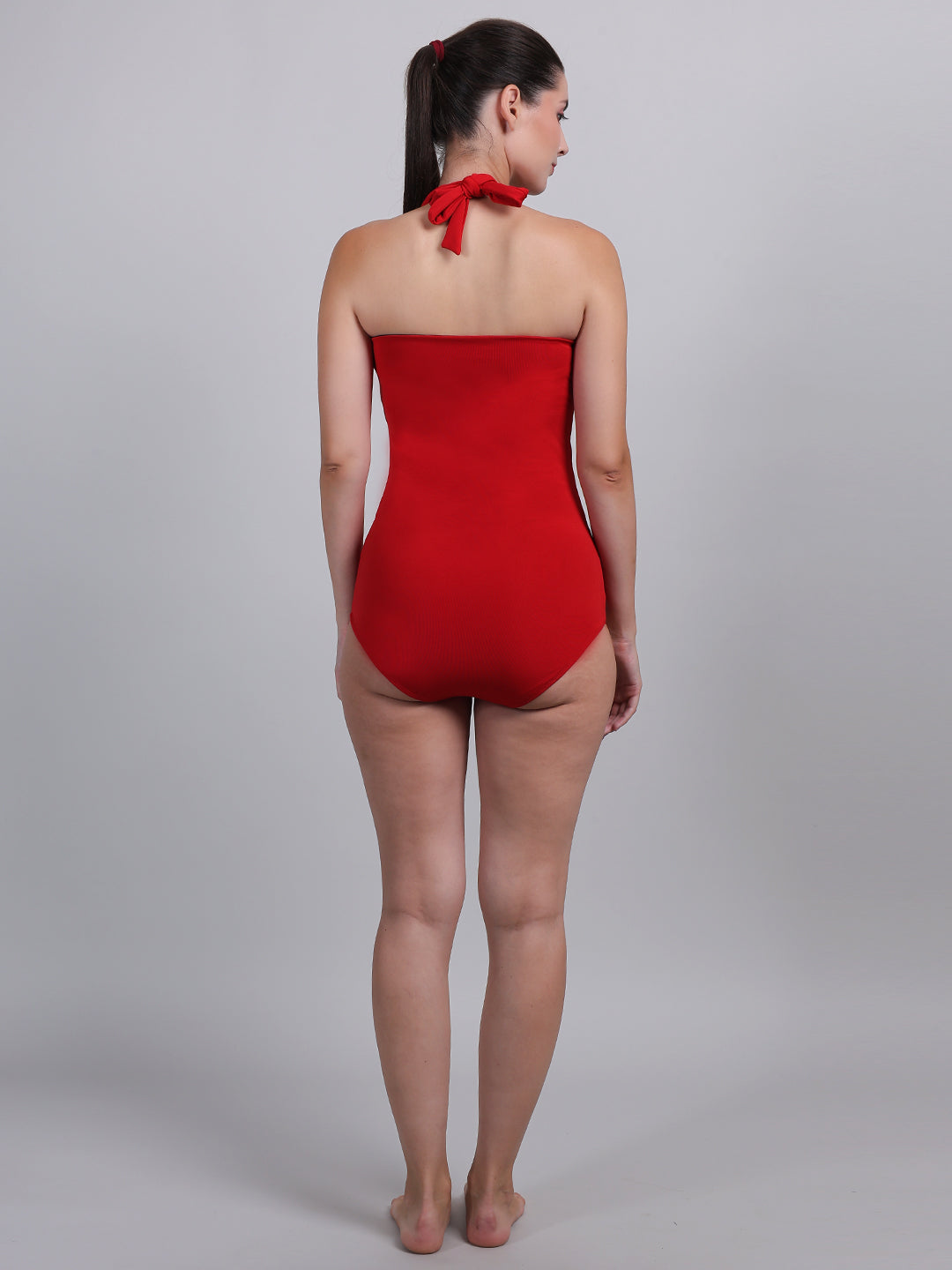 MEGASKA Tummy Control Ruched Halter Neck One Piece Slimming Vintage Retro Monokini Swimsuit Swimming Costume Swimwear_Red