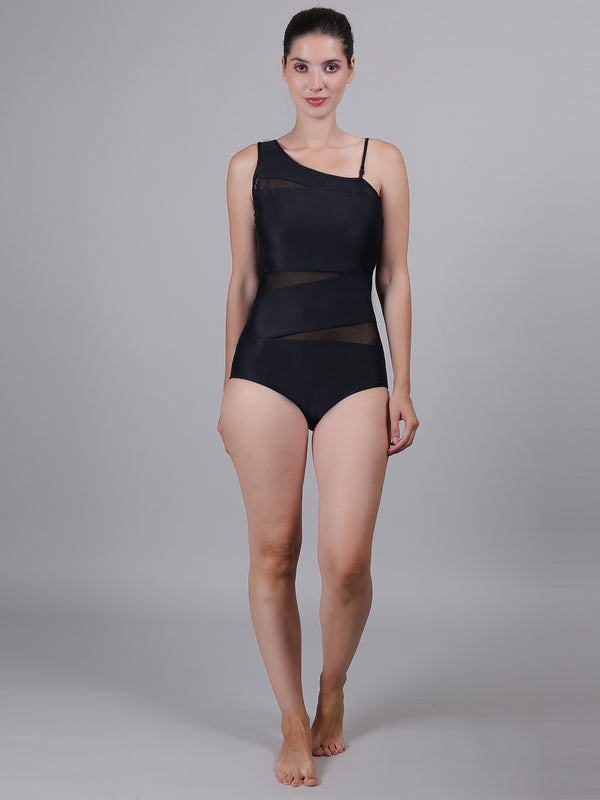 MEGASKA One Shoulder One Piece Swimsuits Full Coverage Cutout Mesh Swimming Costume Tummy Control Monokini Swimwear for Women_Black